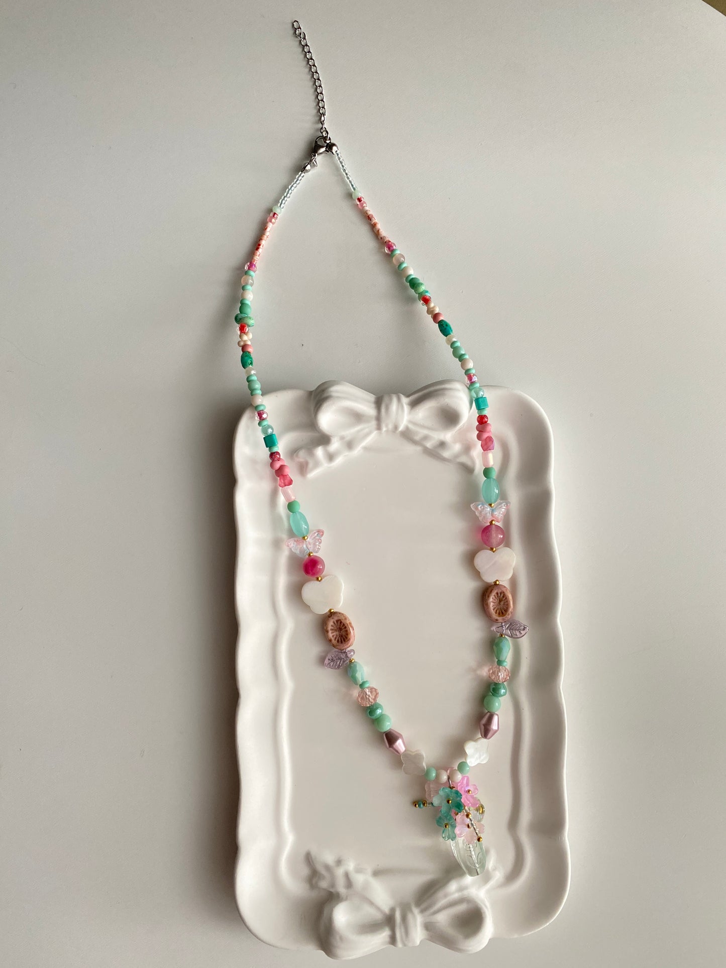 Cute Playful Long Necklace with Butterfly Bouquet in Pink and Powder Blue