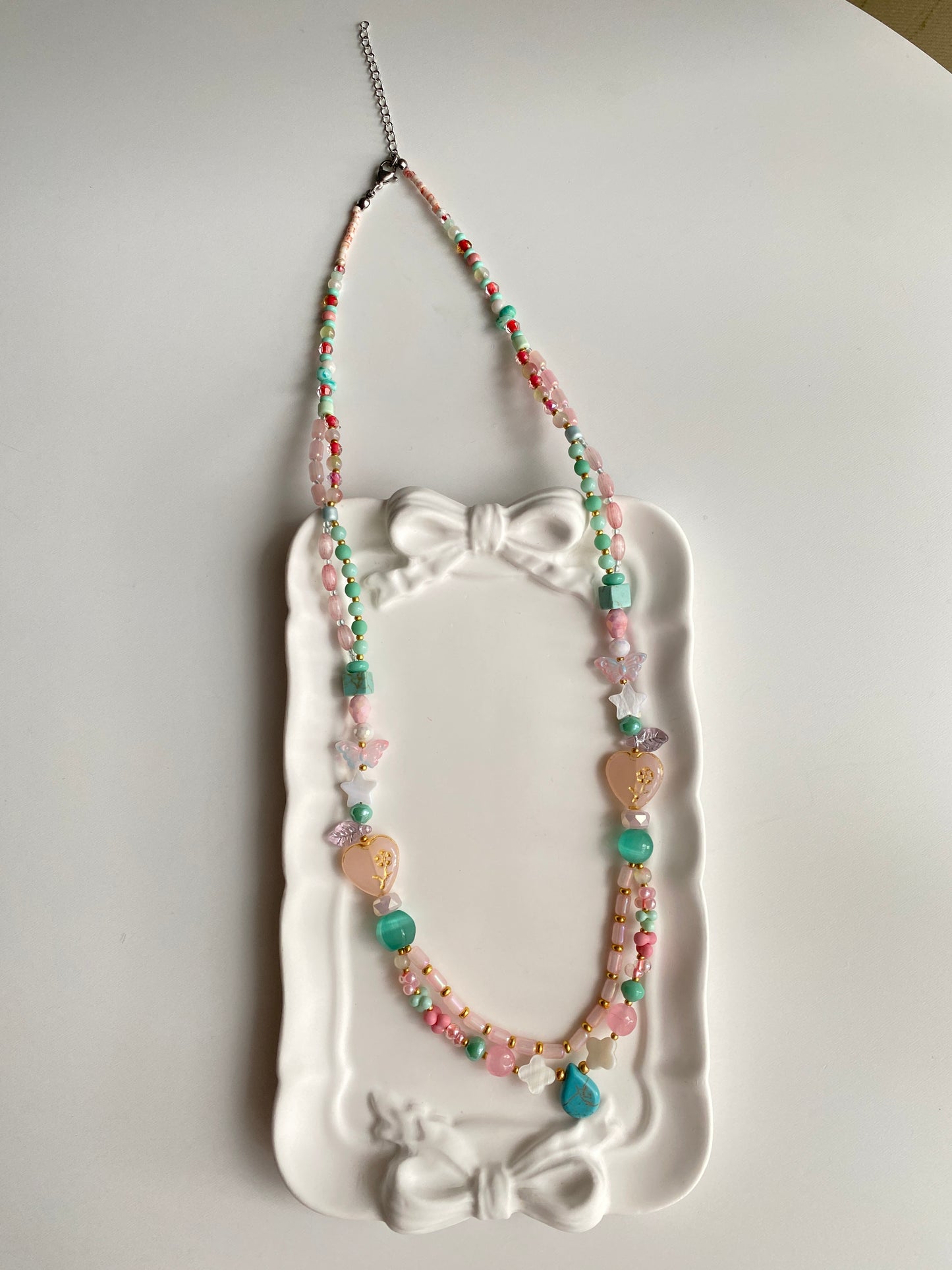 Double-layer Ethnic-style Long Sweater Necklace in Adorable Pink and Blue Tones