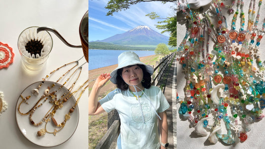 Huibencraft handmade jewelry collage showing a handcrafted necklace worn in Japan, artisan beaded necklaces with coffee, and colorful ocean-inspired summer jewelry in natural sunlight.