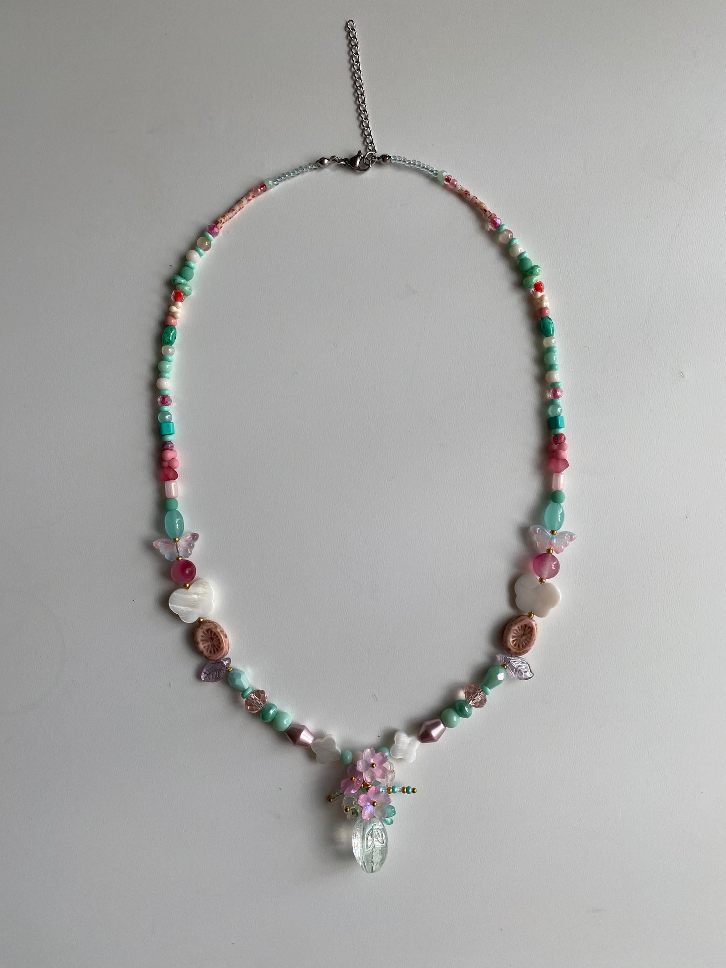 Cute Playful Long Necklace with Butterfly Bouquet in Pink and Powder Blue