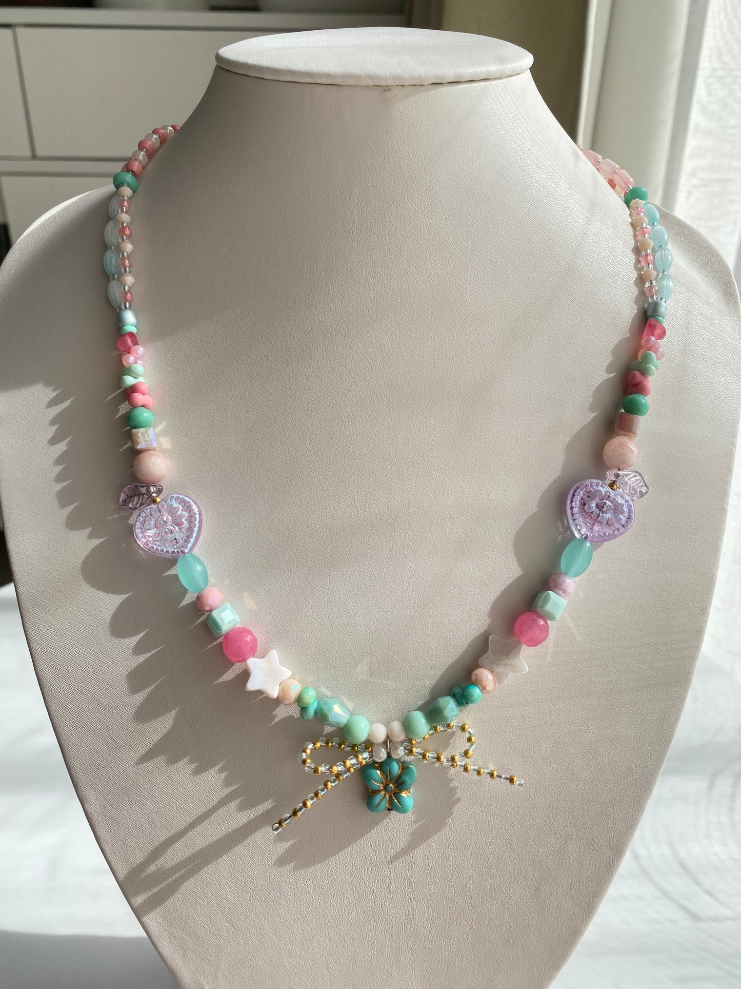 Cute Pink-themed Long Necklace with Patrick Star Flower Bowknot