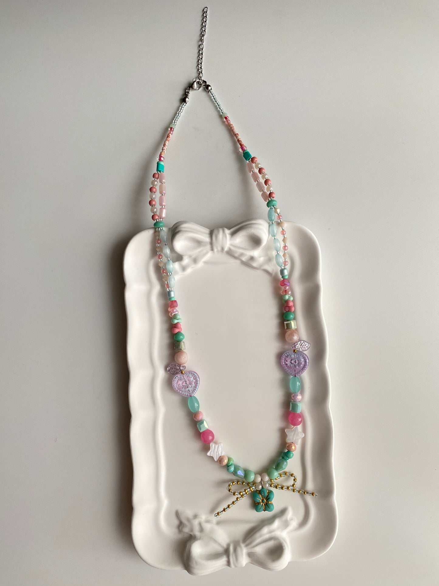 Cute Pink-themed Long Necklace with Patrick Star Flower Bowknot