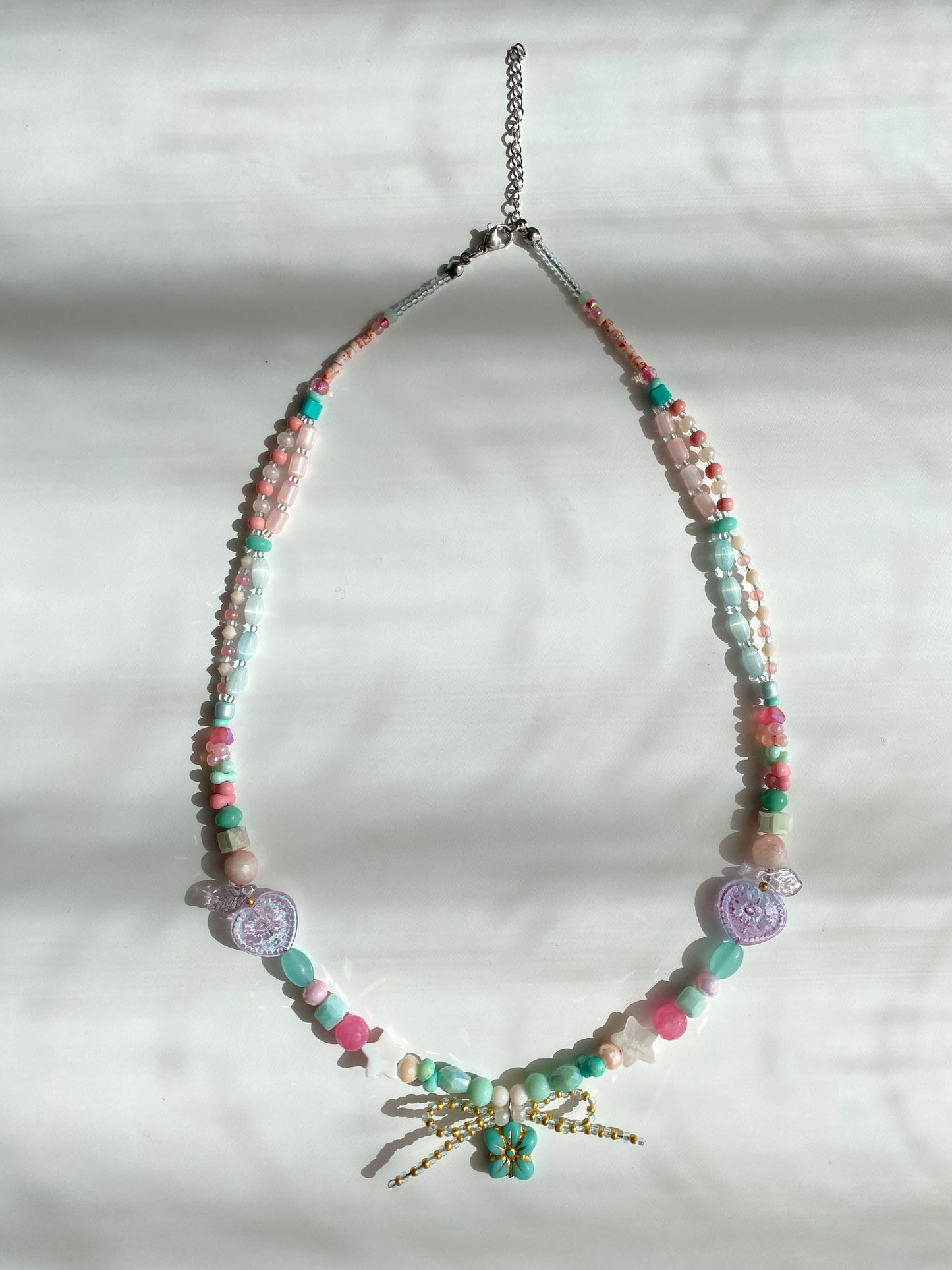 Cute Pink-themed Long Necklace with Patrick Star Flower Bowknot