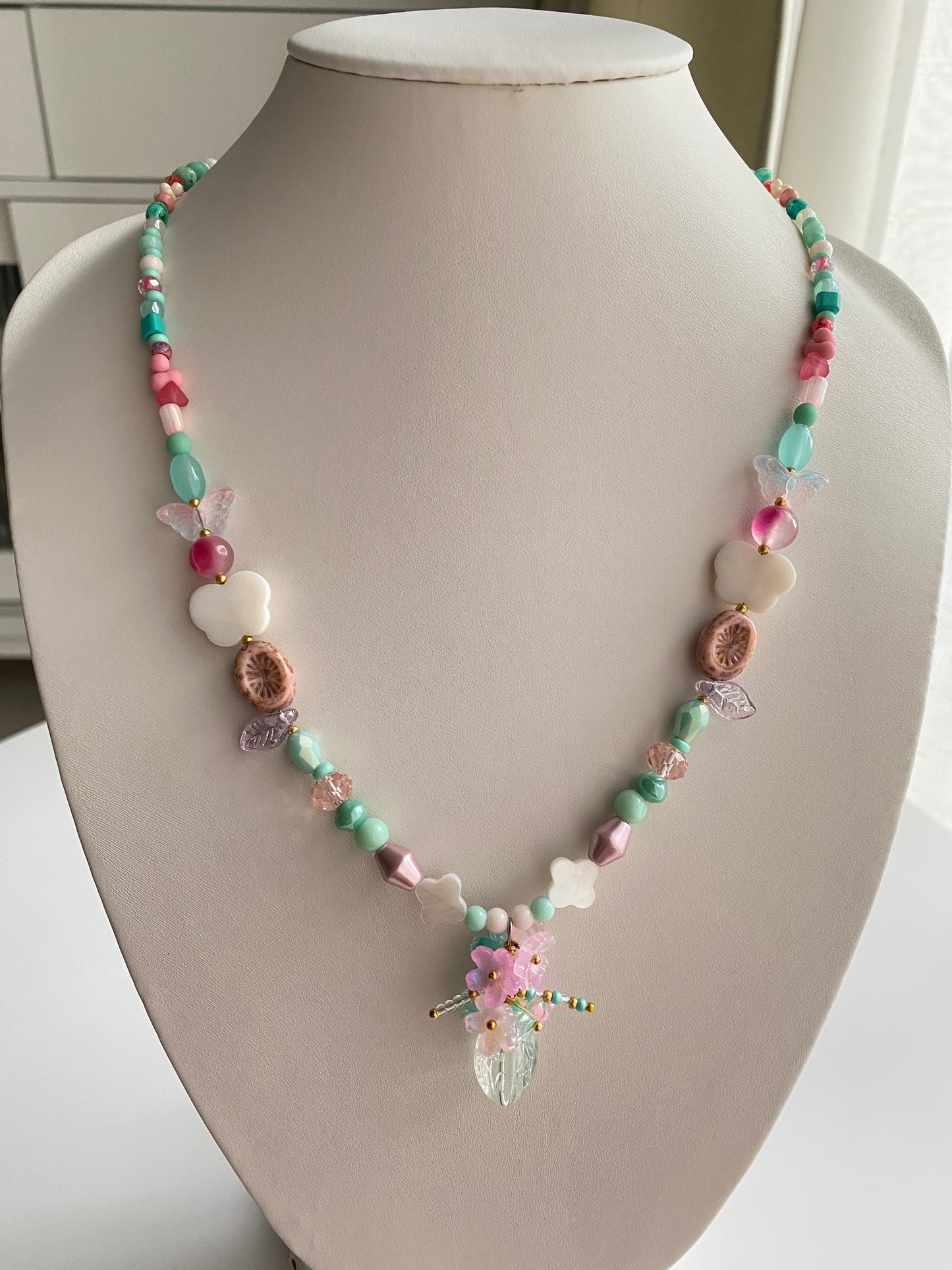 Cute Playful Long Necklace with Butterfly Bouquet in Pink and Powder Blue