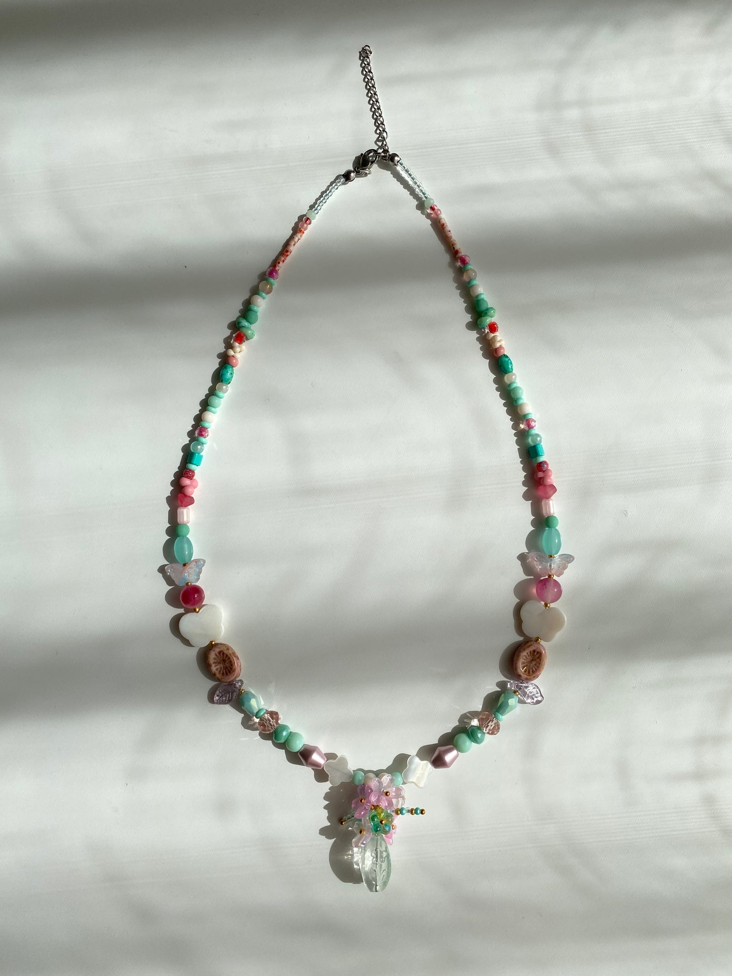 Cute Playful Long Necklace with Butterfly Bouquet in Pink and Powder Blue