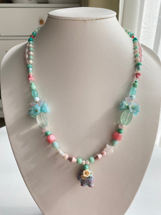 Playful Long Necklace with Cute Puppy and Flower Bouquet Motifs
