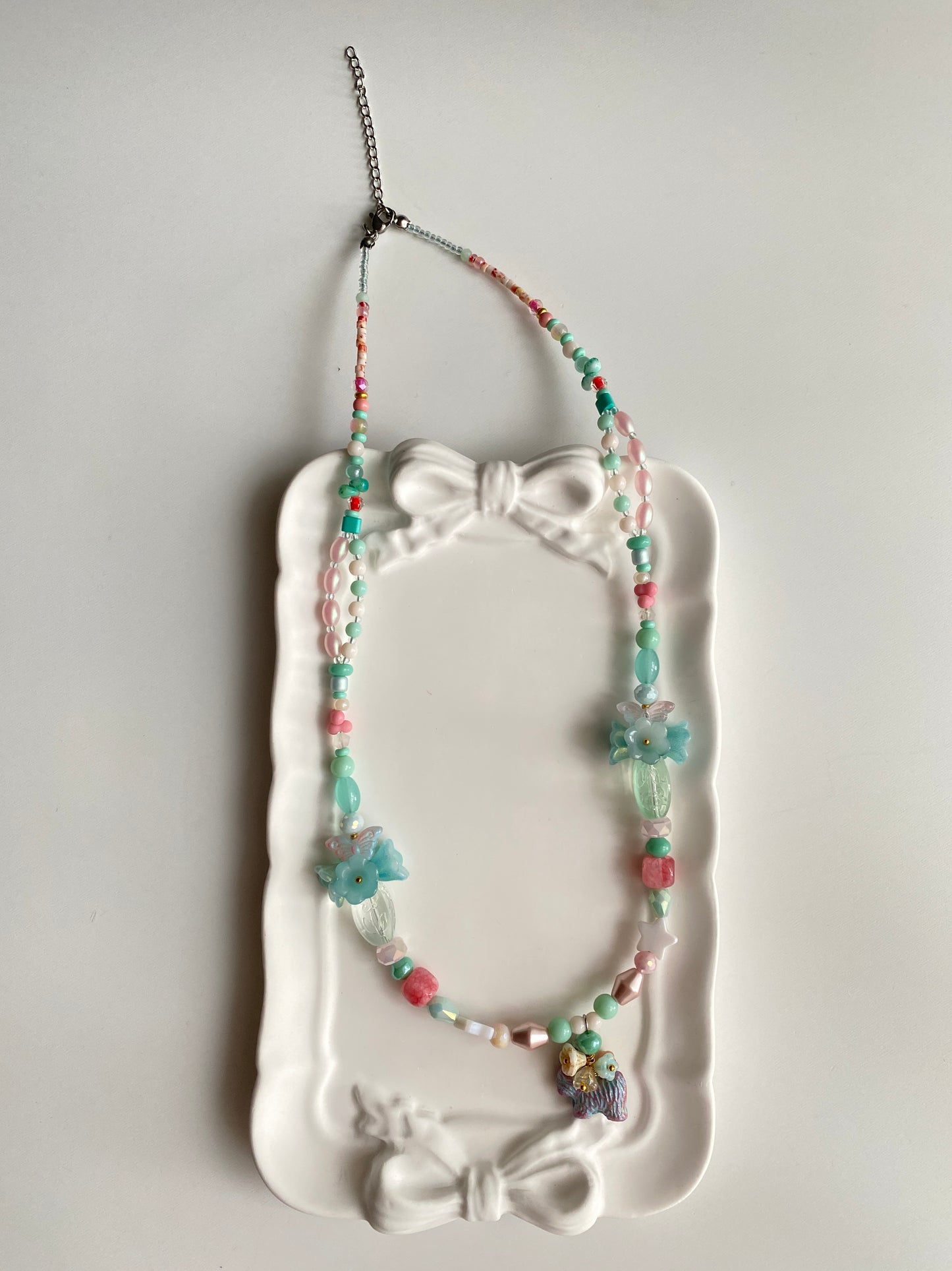 Playful Long Necklace with Cute Puppy and Flower Bouquet Motifs