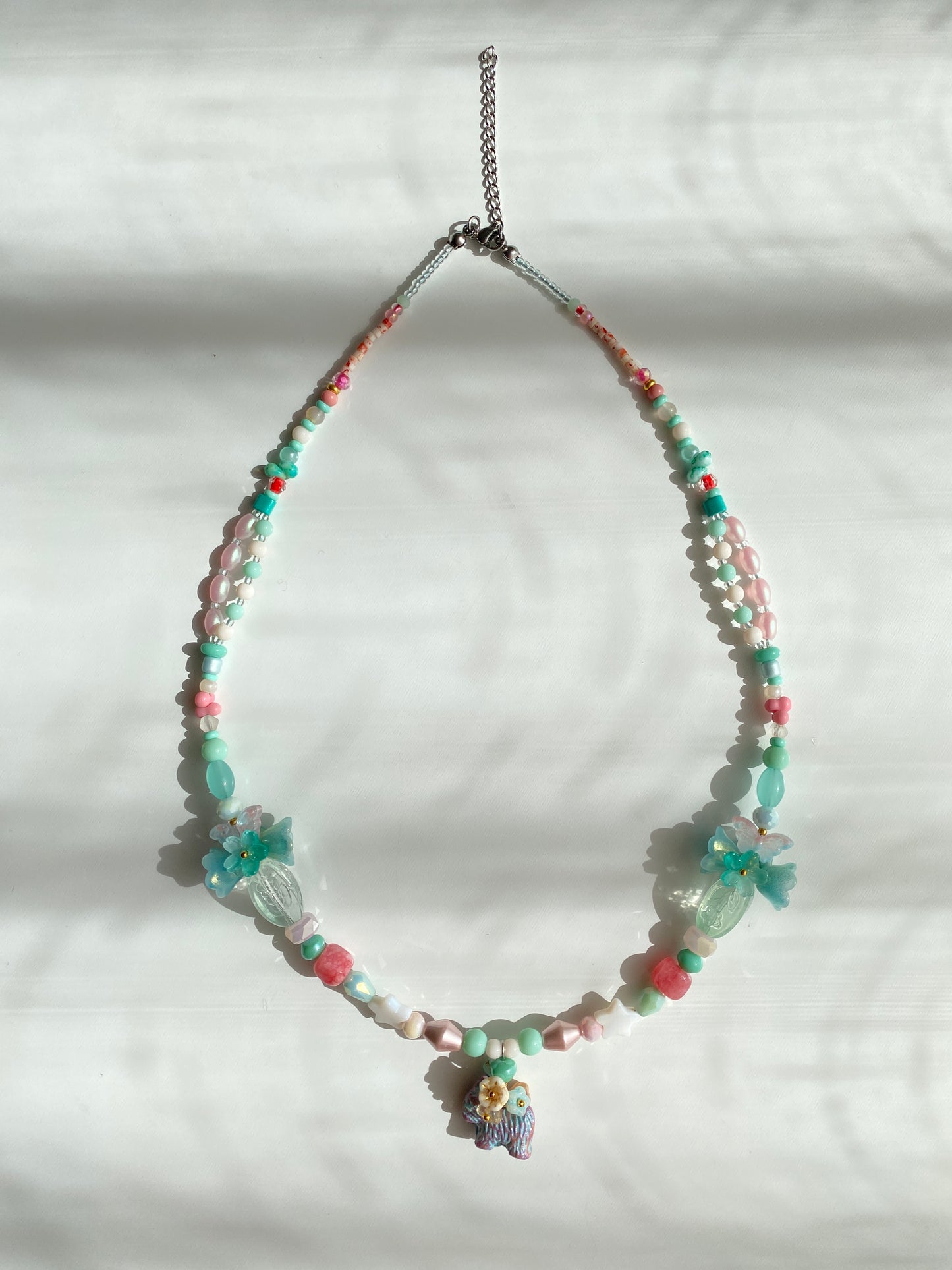 Playful Long Necklace with Cute Puppy and Flower Bouquet Motifs