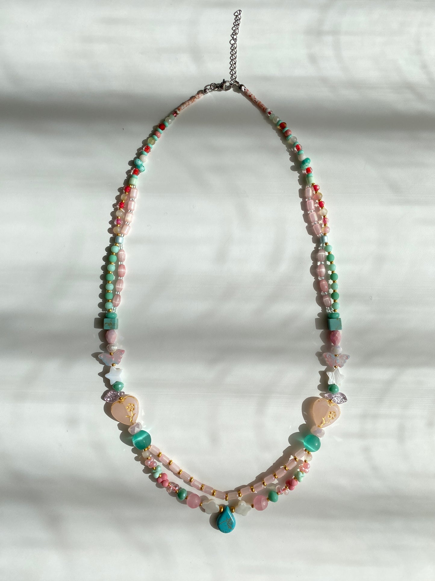 Double-layer Ethnic-style Long Sweater Necklace in Adorable Pink and Blue Tones