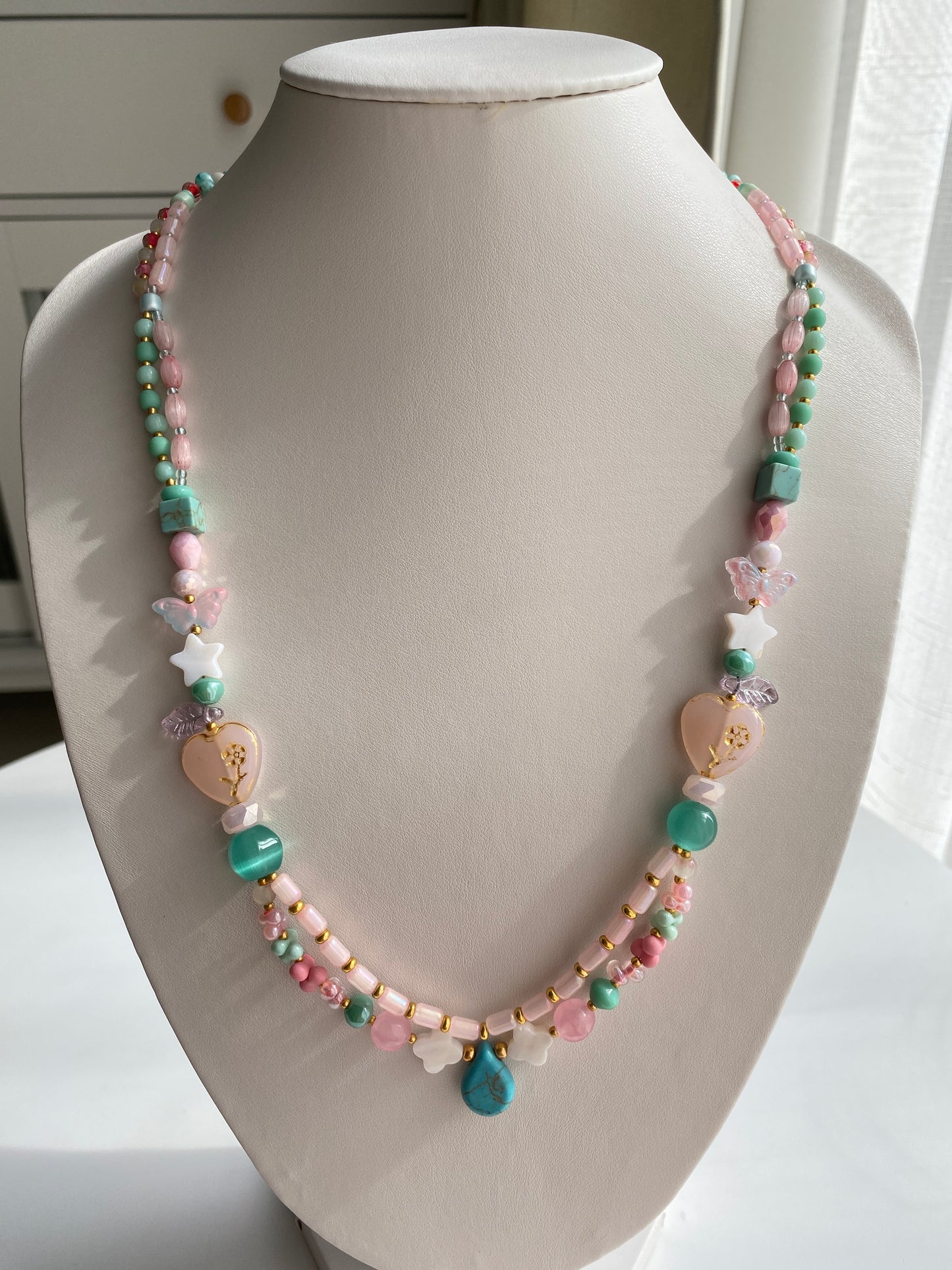Double-layer Ethnic-style Long Sweater Necklace in Adorable Pink and Blue Tones