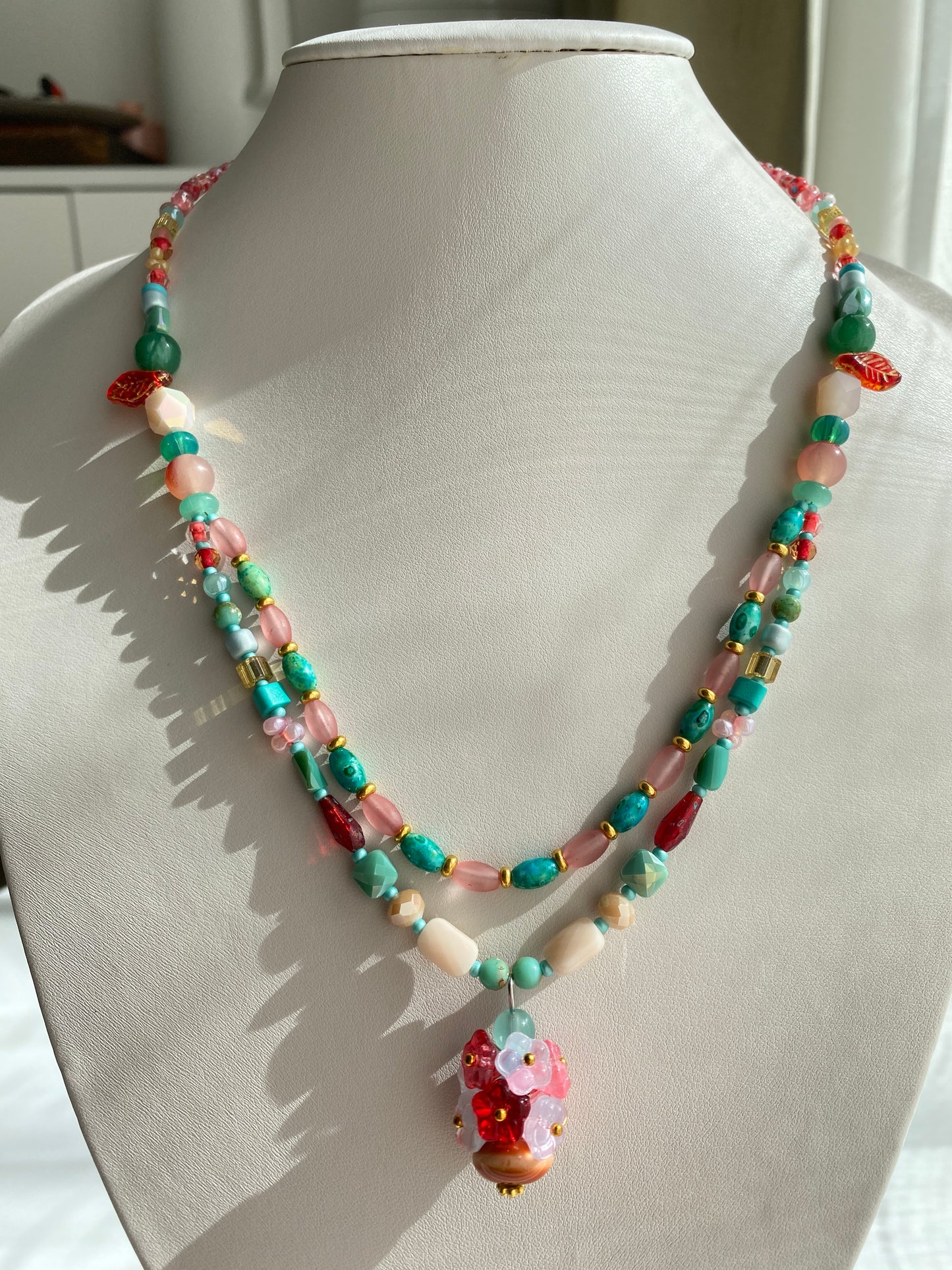 Ethnic-style Double-layer Long Necklace with Ceramic Vase and Flower Bouquet Motifs