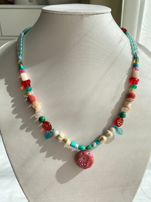 Cute Pink-style Long Necklace with Butterfly and Clover Motifs