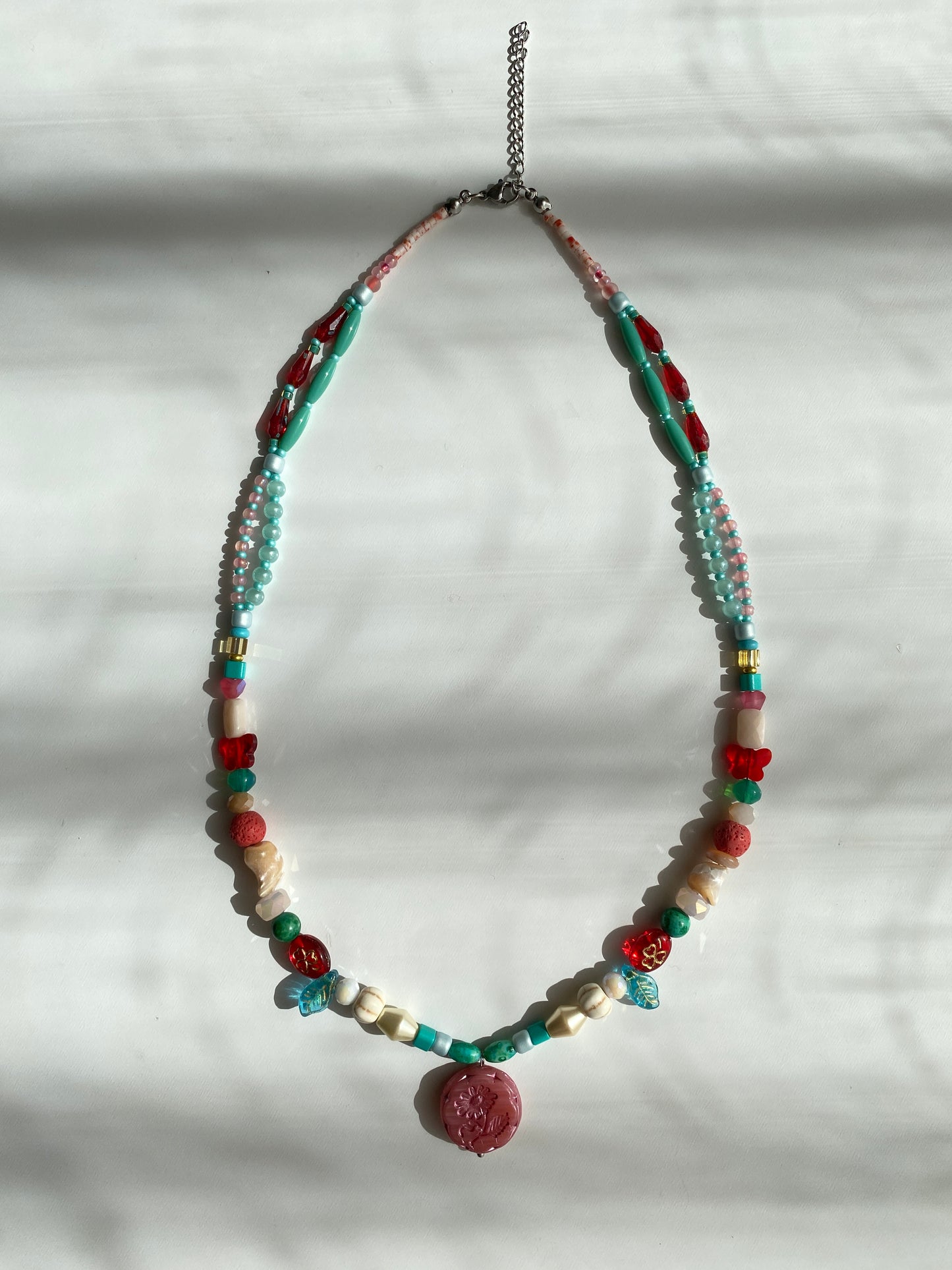 Cute Pink-style Long Necklace with Butterfly and Clover Motifs