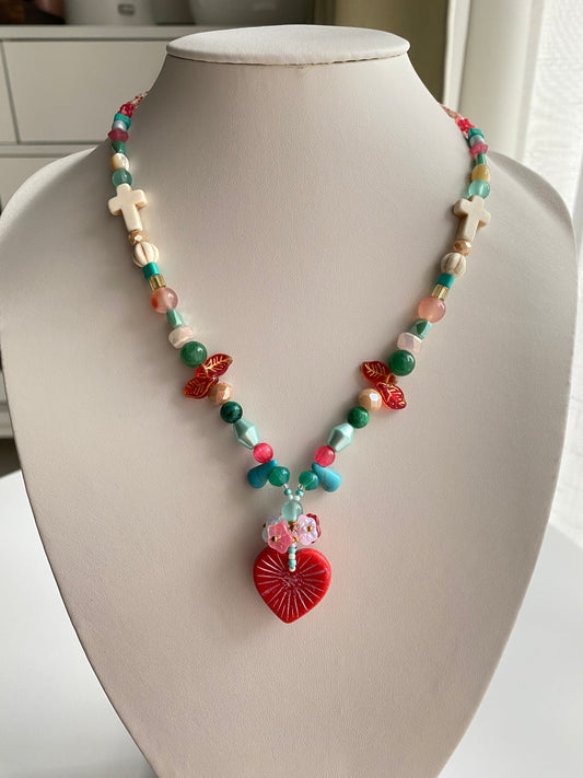 Flower-cluster Red Heart Charm Lucky Necklace